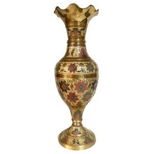 Vintage 1960s Solid Brass Enameled Ruffled Edge Vase Flowers India Hand Painted